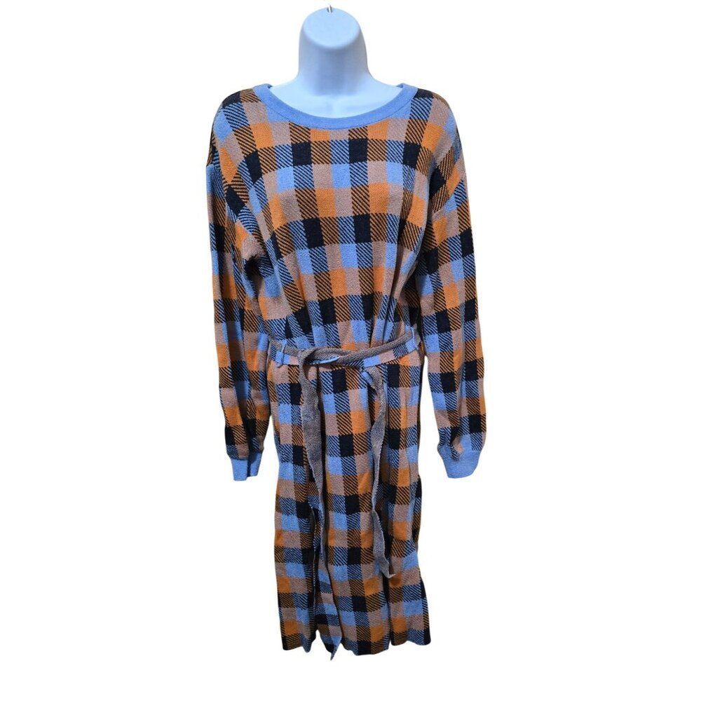 Patchwork Plaid Long Sleeve Sweater Dress W/ Belt cottagecore academia soft warm